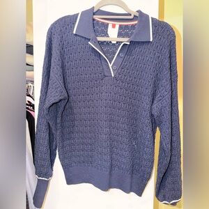 Wilson Navy V-Neck Textured Knit Sweater with White Trim